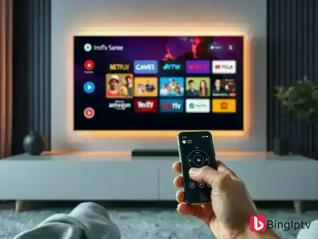 Android TV remote control and smartphone controlling TV screen