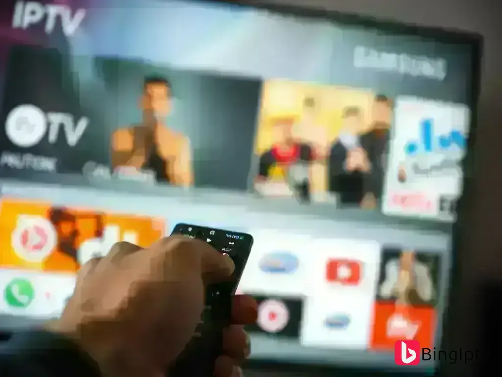 Smart TV IPTV Setup - Remote control pointing to IPTV app on Samsung TV screen